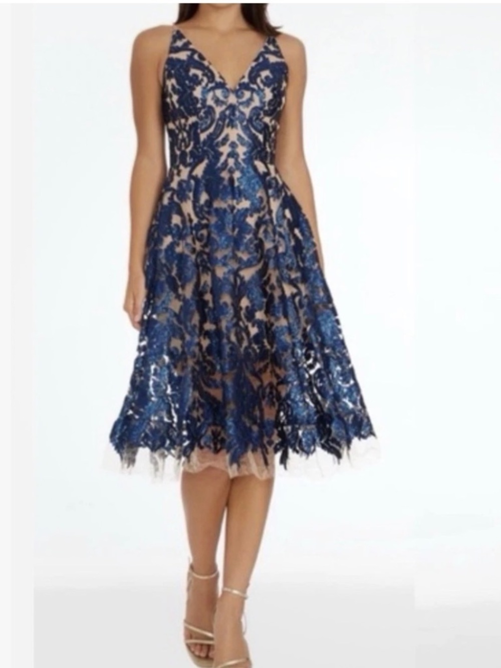 Dress the Population Blue and Nude Lace Midi Dress